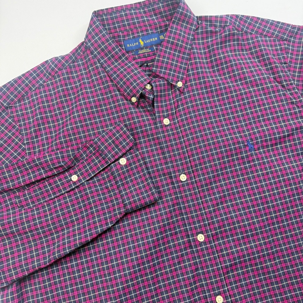 Polo Ralph Lauren Men XXL Performance‎ Plaid Button Down Shirt Pink Navy Pony